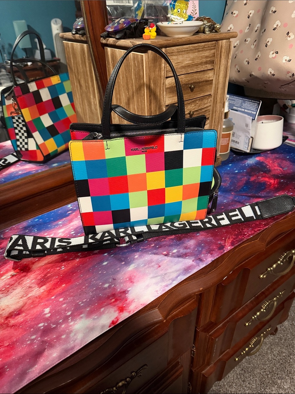 Karl Lagerfeld Multicolor Checkered Crossbody Bag with Black Trim